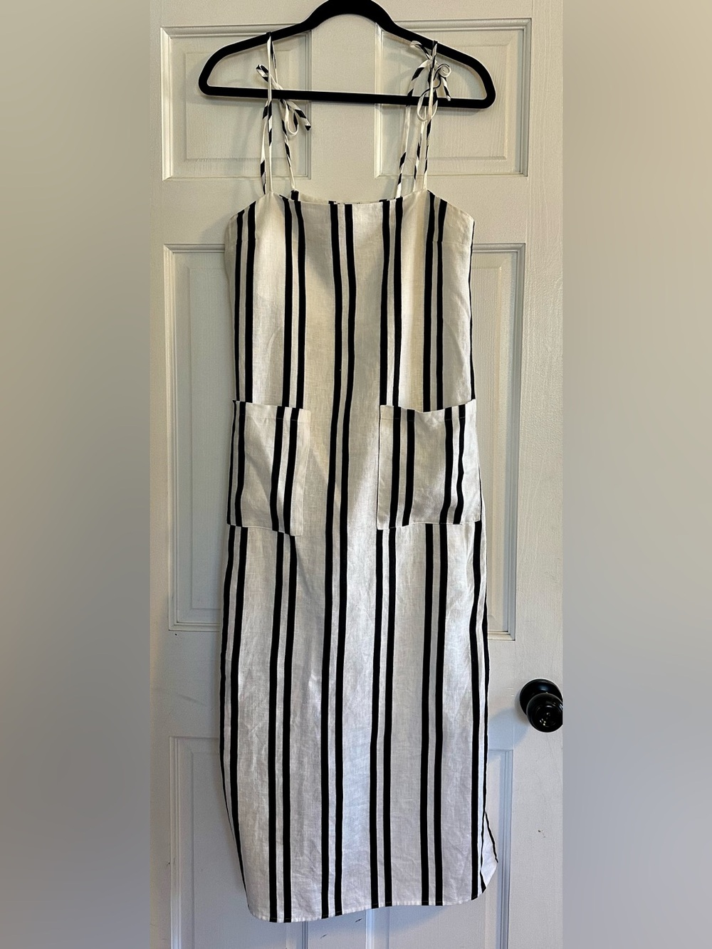 Reformation Black and White Striped Tie-Strap 100% Linen Dress Midi Length Sz S